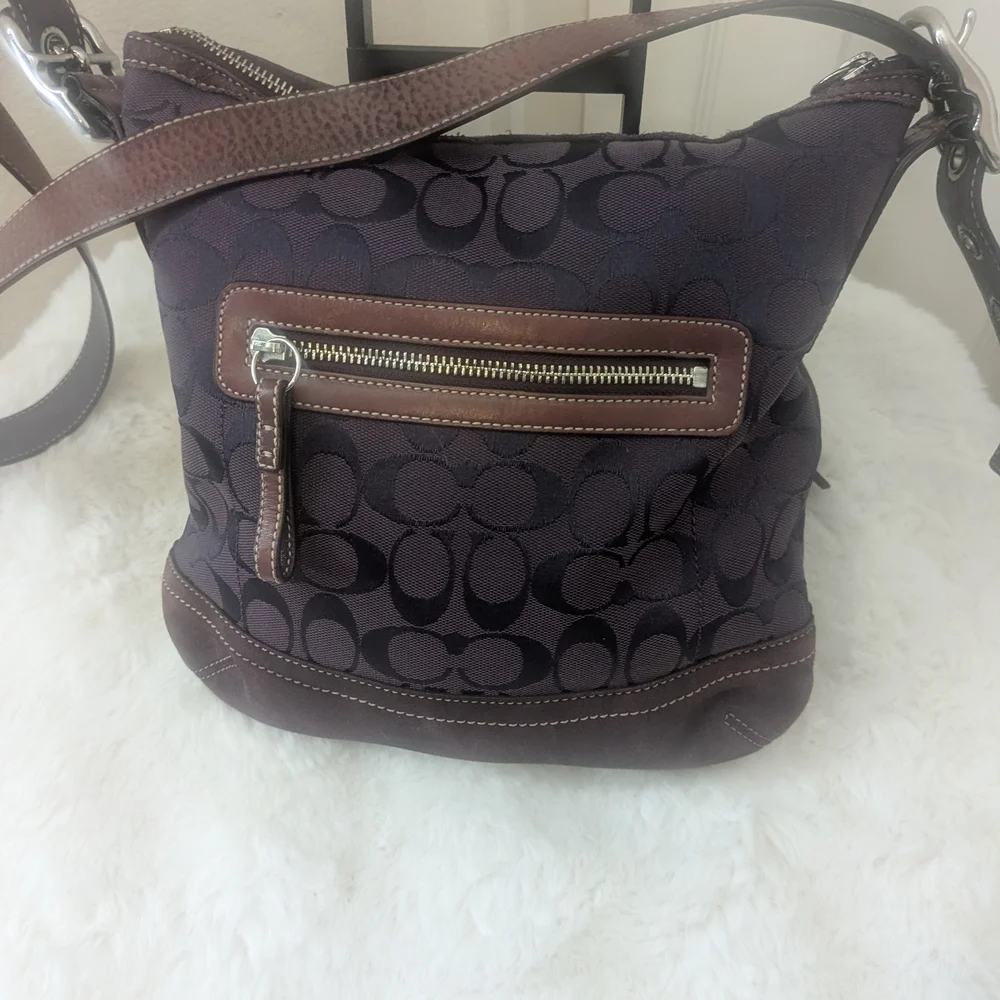 Coach Purple Signature Jacquard Crossbody Hobo Bag Suede Trim Front Zip Pocket - Picture 1 of 11